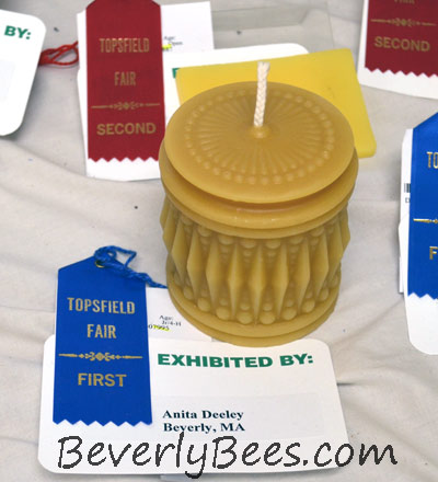 My poured beeswax candle won first place at the Topsfield Fair Honey Show in 2013.